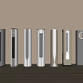 Various Modern Tower Air Cooler Fans Displayed On Wooden Table With Neutral Background