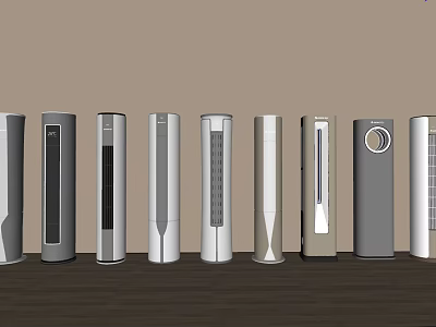 Various Modern Tower Air Cooler Fans Displayed On Wooden Table With Neutral Background 3d model