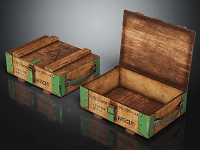 Vintage Wooden Boxes With Green Edges NESCO Label And Metal Handles Open Closed 3d model