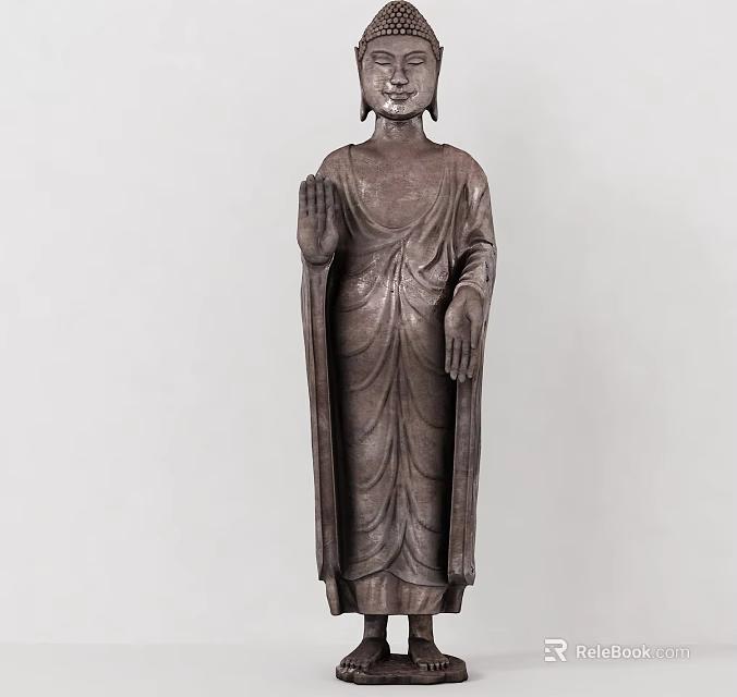 Standing Buddha Sculpture In Bronze With Intricate Carved Robes And Hand Gesture 3d model 