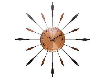 Modern Wooden Wall Clock with Radial Metal Accents Brown Dial and White Numbers 3d model