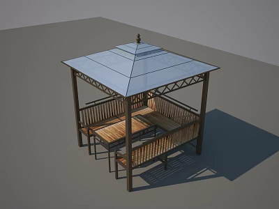 Wooden Gazebo With Glass Roof Metal Frame And Outdoor Seating Area 3d model