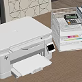 White HP Office Printer on Wooden Desk with Metal Organizer Calculator Folders and Sticky Notes