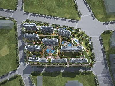 Aerial Planning of Modern Residential Complex With Green Spaces and Central Pool 3d model