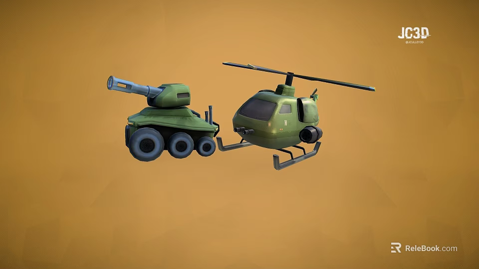 Green Cartoon Style Military Helicopter With Armored Vehicle And Cannon On Orange Background 3d model 