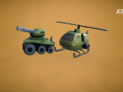 Green Cartoon Style Military Helicopter With Armored Vehicle And Cannon On Orange Background 3d model