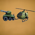 Green Cartoon Style Military Helicopter With Armored Vehicle And Cannon On Orange Background