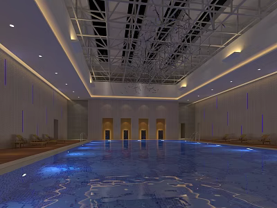 Indoor Swimming Pool With Blue Water Gray Tiled Walls Modern Ceiling And Lounge Chairs 3d model