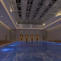 Indoor Swimming Pool With Blue Water Gray Tiled Walls Modern Ceiling And Lounge Chairs