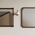 Two Decorative Mirrors With Brown Frames And Wall Light On White Wall 3d model