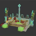 Decorative Courtyard Design With Stone Statues Obelisk Tiled Floor And Purple Flowers