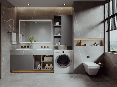 Modern Bathroom Interior With Marble Walls Double Sink Vanity Large Mirror Washing Machine And Toilet 3d model