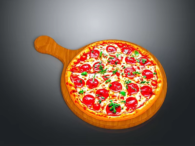 Freshly Baked Pizza with Tomato Toppings and Herbs on Wooden Pizza Board 3d model