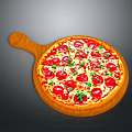 Freshly Baked Pizza with Tomato Toppings and Herbs on Wooden Pizza Board