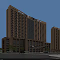 Modern High Rise Hotel Building With Glass Curtain Wall And Podium And Landscaped Parking Area
