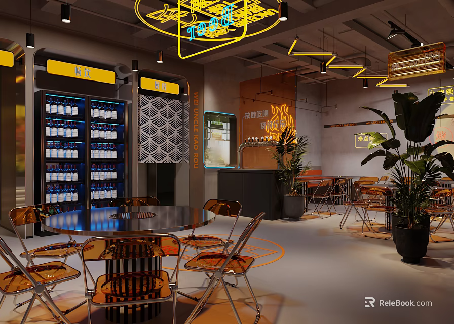 Modern Restaurant Interior With Lighting Decor Bar Counter Seating Area And Plants 3d model 