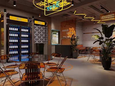 Modern Restaurant Interior With Lighting Decor Bar Counter Seating Area And Plants 3d model