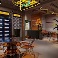Modern Restaurant Interior With Lighting Decor Bar Counter Seating Area And Plants