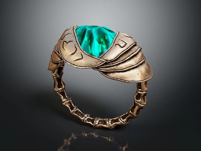 Unique Ring With Green Gemstone And Golden Leaf Shaped Carved Band 3d model