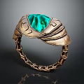 Unique Ring With Green Gemstone And Golden Leaf Shaped Carved Band