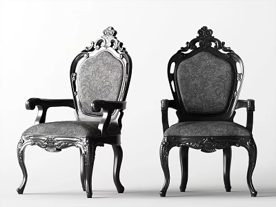 Two Ornate Accent Chairs with Dark Wooden Frame and Upholstered Seat Backrest 3d model