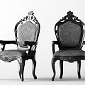 Two Ornate Accent Chairs with Dark Wooden Frame and Upholstered Seat Backrest
