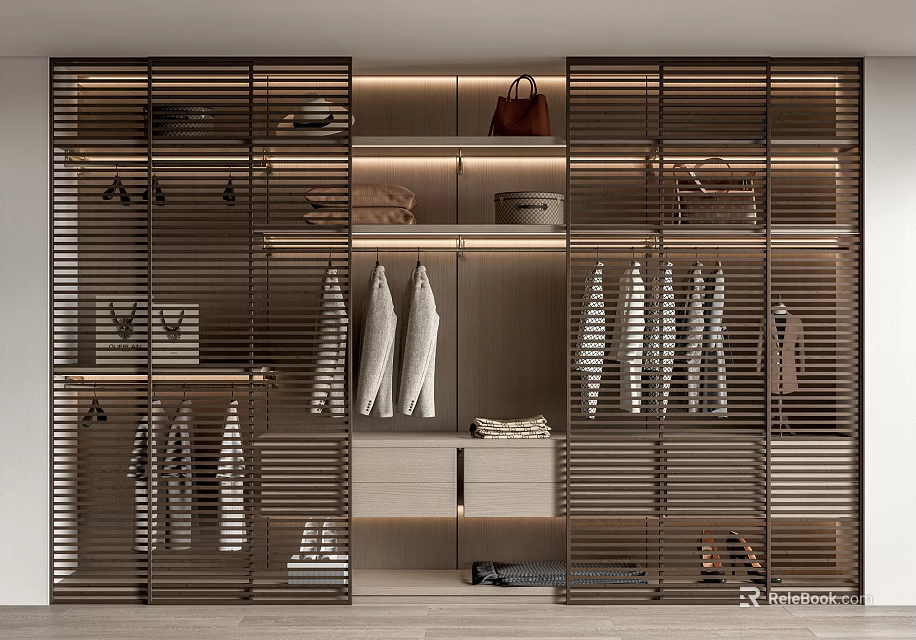 Modern Minimalist Wardrobe Interior Design With Slatted Doors Open Shelves And Hanging Rods 3d model 