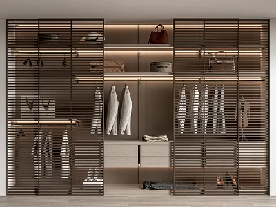 Modern Minimalist Wardrobe Interior Design With Slatted Doors Open Shelves And Hanging Rods 3d model