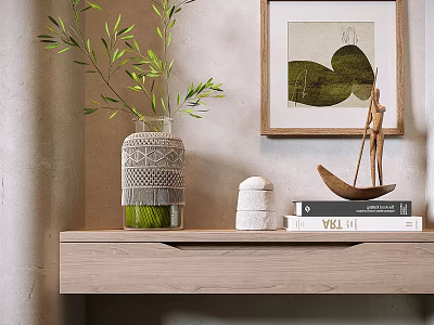 Minimalist Decorative Ornament Set With Vase Green Plant And Wooden Boat Model On Wooden Shelf 3d model