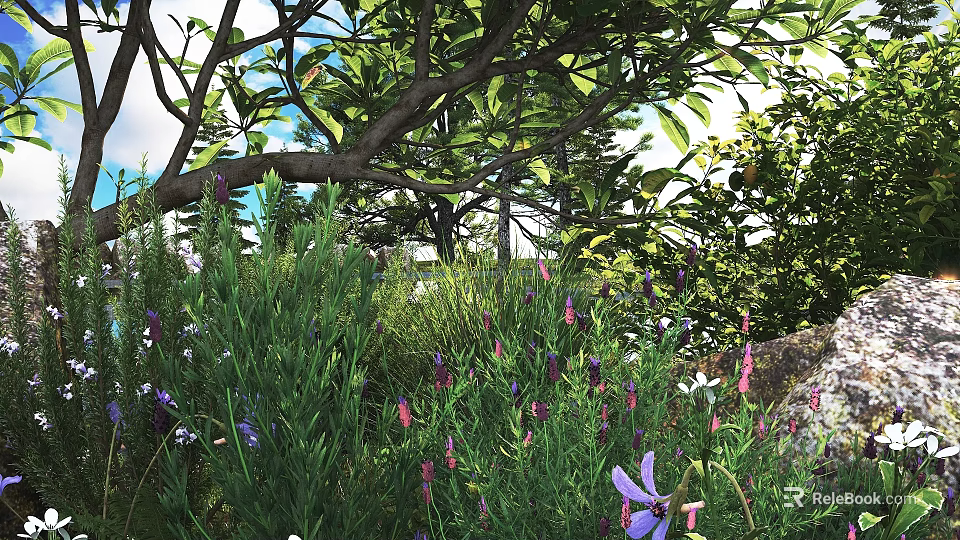 Lush Garden Bushes with Purple Flowers and Green Leaves Under Sunlight 3d model 