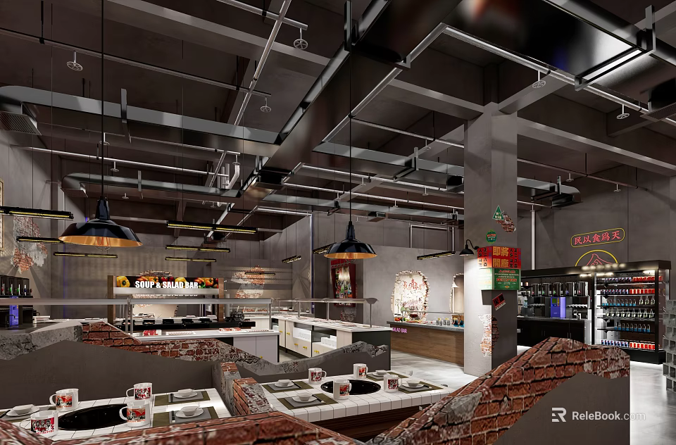 Industrial Style Hotpot Restaurant Interior With Brick Walls Hanging Lamps And Dining Tables 3d model 