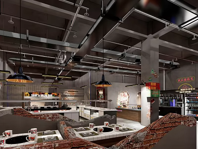 Industrial Style Hotpot Restaurant Interior With Brick Walls Hanging Lamps And Dining Tables 3d model