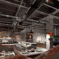 Industrial Style Hotpot Restaurant Interior With Brick Walls Hanging Lamps And Dining Tables