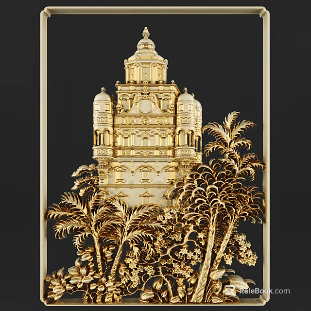 Intricate Golden Carvings of Towered Structure With Palm Trees and Floral Accents 3d model 