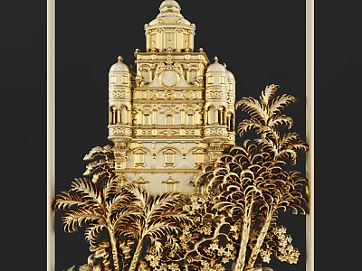 Intricate Golden Carvings of Towered Structure With Palm Trees and Floral Accents 3d model