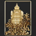 Intricate Golden Carvings of Towered Structure With Palm Trees and Floral Accents