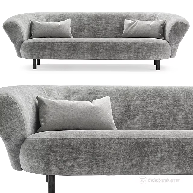 Modern Gray Velvet Two Seater Sofa With Curved Armrests And Pillows 3d model 
