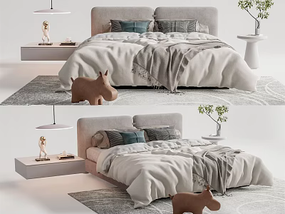 Modern Double Bed with Soft Quilt Blanket Pillows Side Table Decorative Toy and Small Plant 3d model