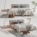 Modern Double Bed with Soft Quilt Blanket Pillows Side Table Decorative Toy and Small Plant