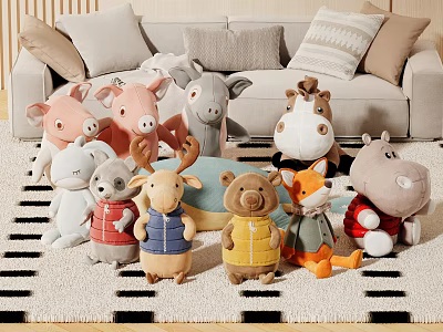 Plush Animal Toys Arranged On Rug In Living Room 3d model