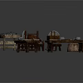 Vintage Industrial Equipment Workbenches With Hammers Anvils Metal Tools And Storage Baskets