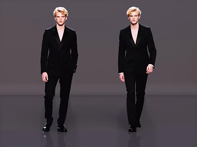 Two Male Models Wearing Black Suits Walking on Runway Against Gray Background 3d model