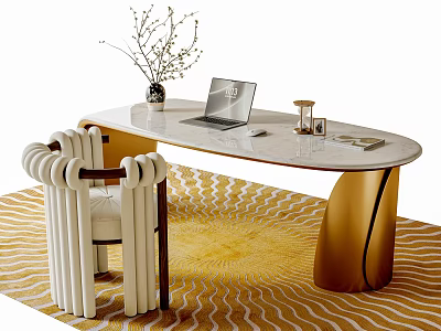 Modern Desk And Chair Set With Marble Top White Upholstered Chair And Yellow Patterned Rug 3d model