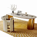 Modern Desk And Chair Set With Marble Top White Upholstered Chair And Yellow Patterned Rug