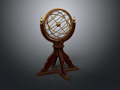 Vintage Brass Armillary Sphere With Wooden Tripod Base And Metal Frame 3d model
