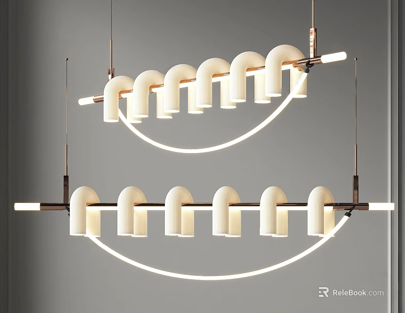 Modern Chandeliers With Curved Frame White Cylindrical Shades And Illuminated Strips 3d model 
