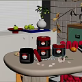 White Modern Dining Table With Metal Storage Tins Fruits Vase And Building Blocks