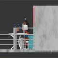 Display Showcase Shelves With Mannequin Doll Figure And Fashion Posters On Colorful Patterned Wall