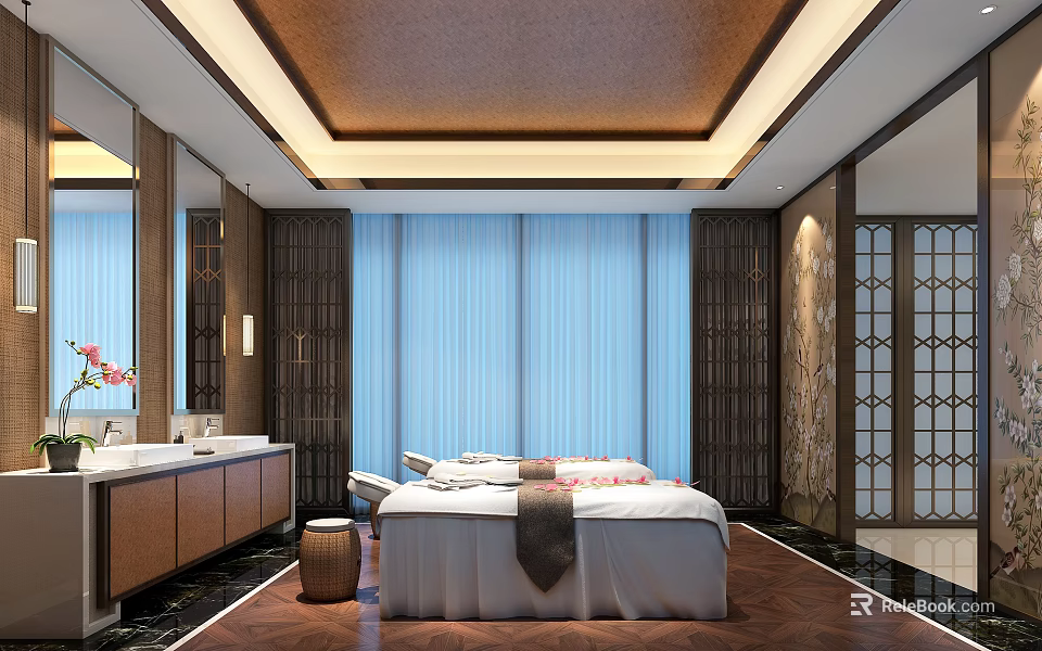 Cozy SPA Sauna Interior Design With Massage Beds Blue Curtains Wooden Screens And Ceiling Lighting 3d model 
