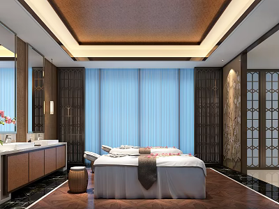 Cozy SPA Sauna Interior Design With Massage Beds Blue Curtains Wooden Screens And Ceiling Lighting 3d model